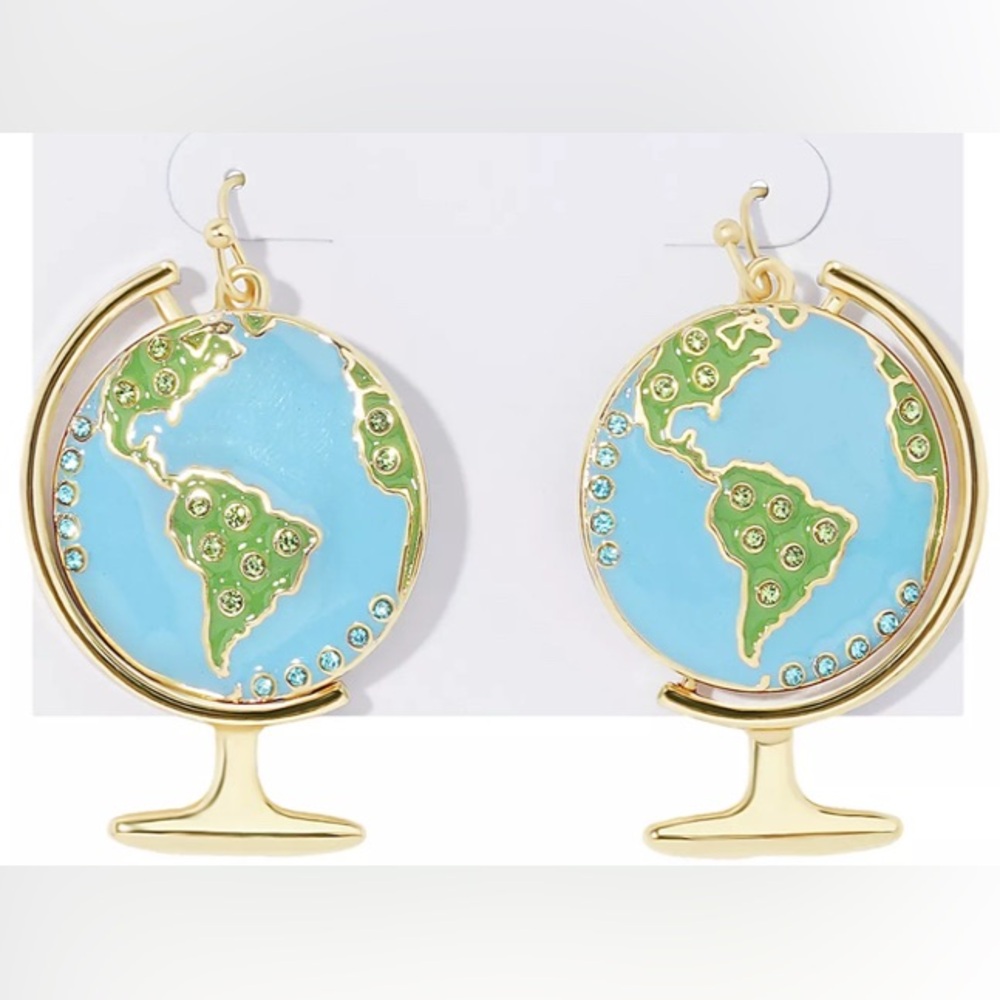 ⭐️NEW Black Diamond Gold Tone Metal Blue World Globe Drop Earrings - Picture 1 of 11